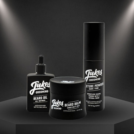Jukes Essentials Bundle with beard oil, beard balm, and texture powder.