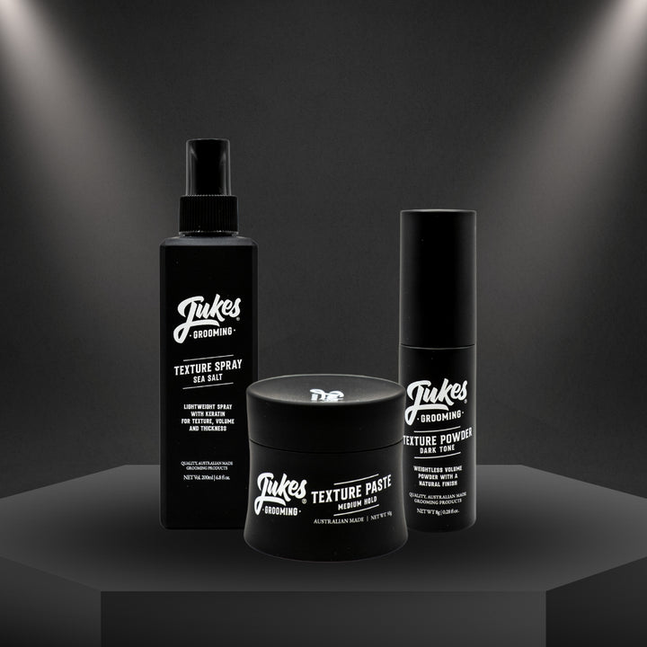 Jukes Grooming Texture Kit with spray, powder, and paste